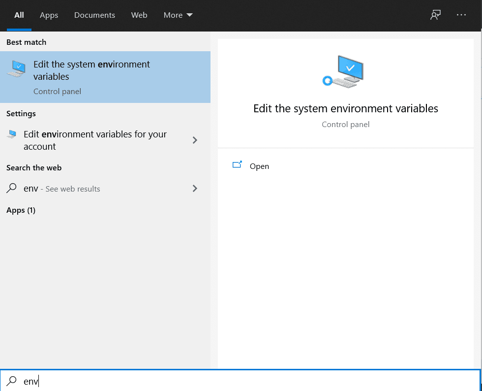 Search for Environment Variables in the windows search